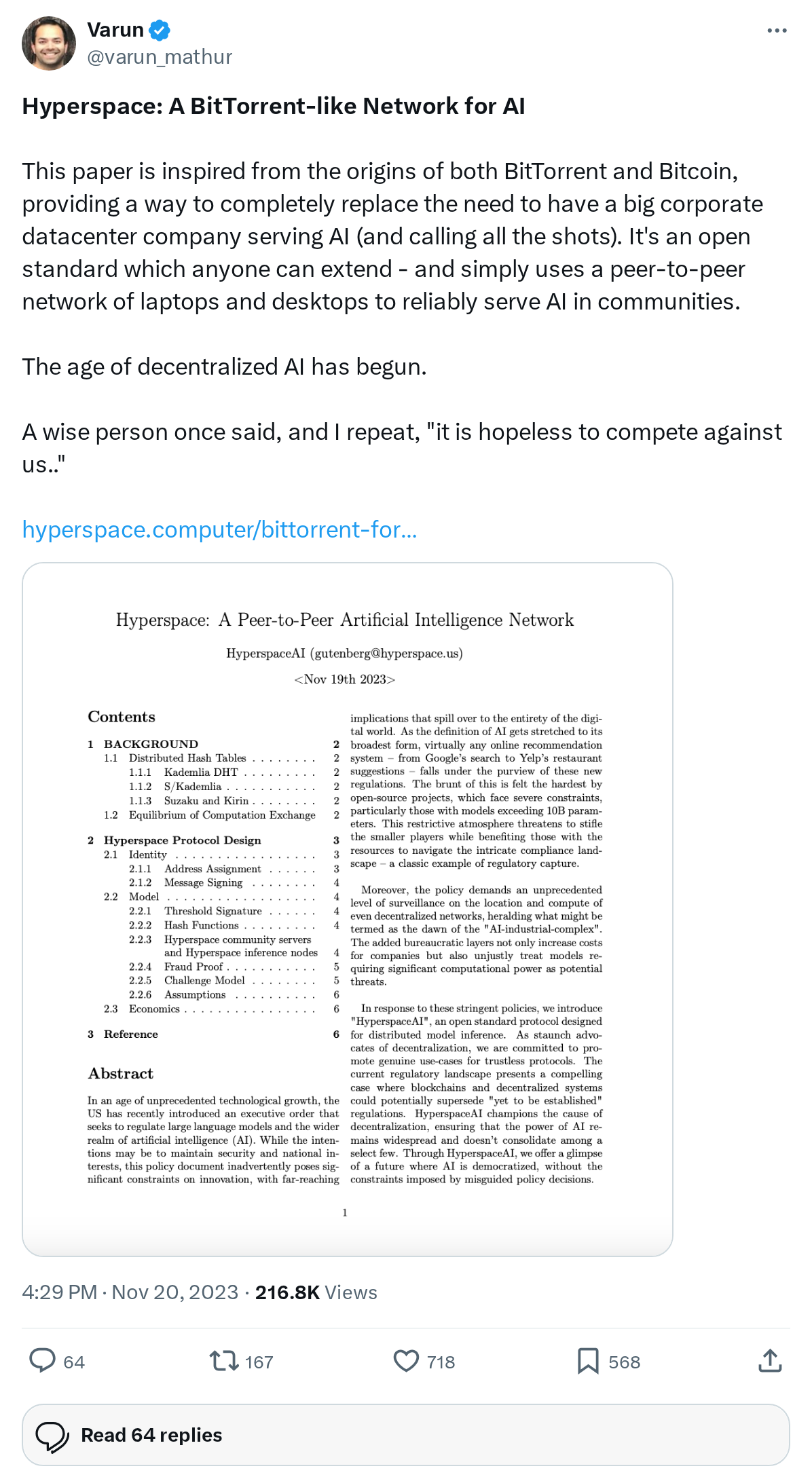 Hyperspace: A BitTorrent-like Network for AI
This paper is inspired from the origins of both BitTorrent and Bitcoin, providing a way to com