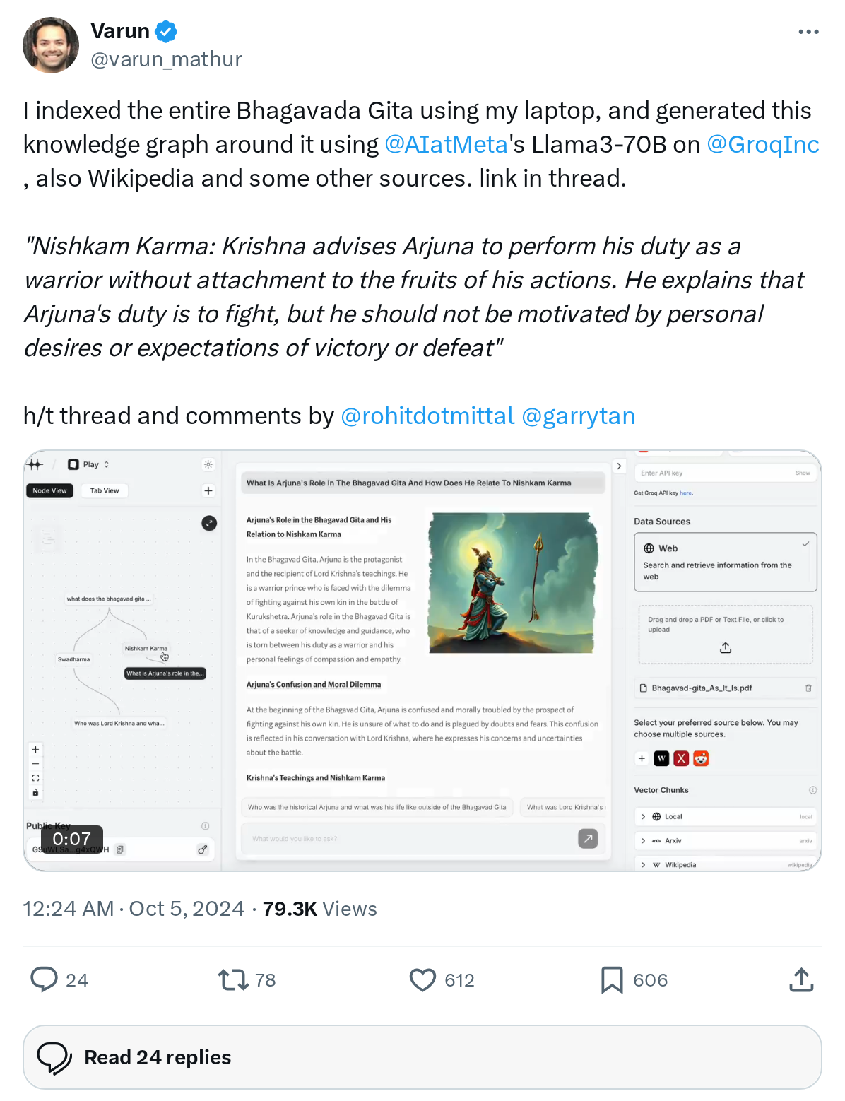 I indexed the entire Bhagavada Gita using my laptop, and generated this knowledge graph around it using
@AIatMeta
's Llama3-70B on
@GroqIn