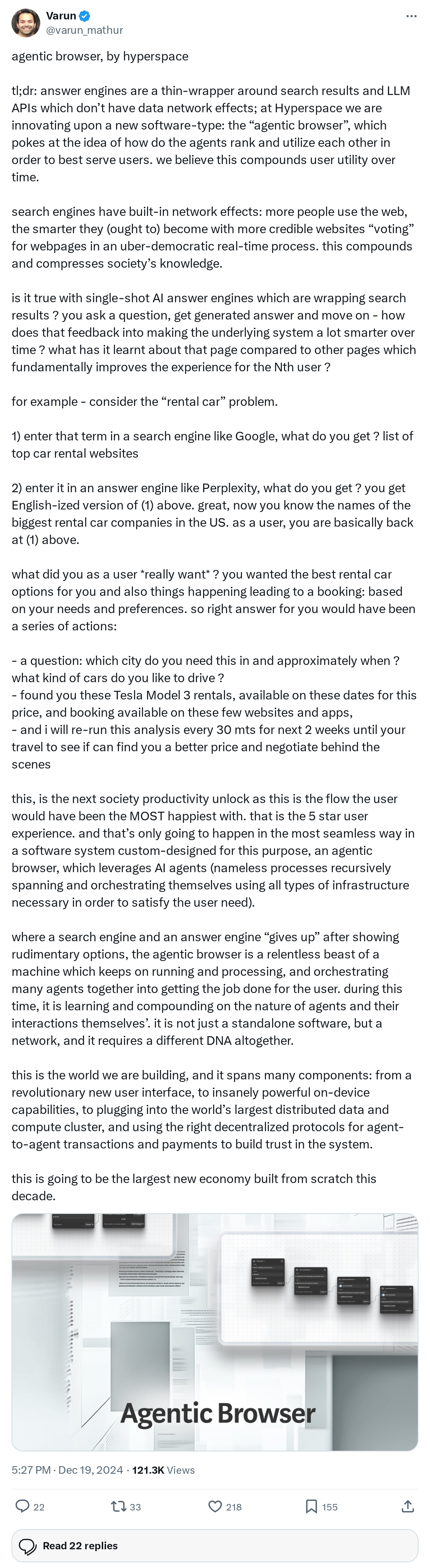 agentic browser, by hyperspace
tl;dr: answer engines are a thin-wrapper around search results and LLM APIs which don’t have data network ef
