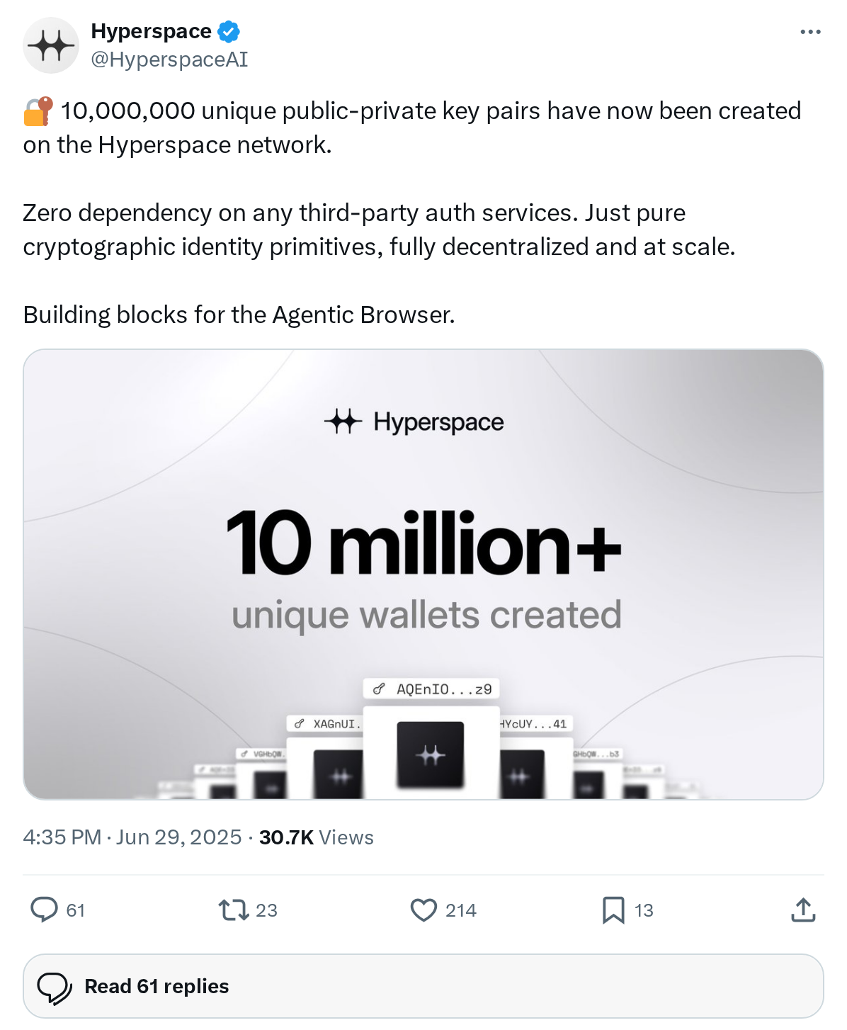 10,000,000 unique public-private key pairs have now been created on the Hyperspace network.
Zero dependency on any third-party auth service