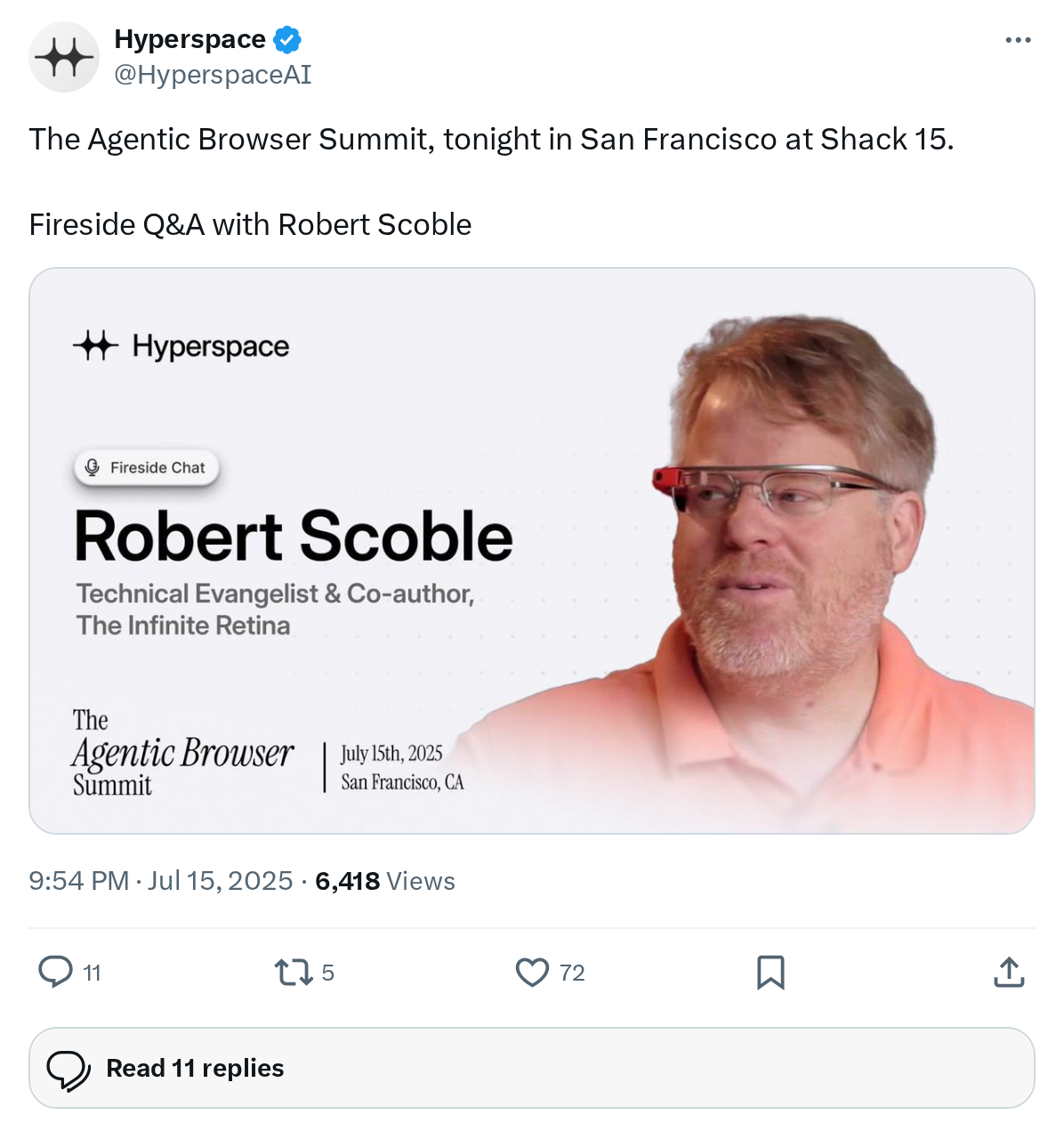 The Agentic Browser Summit, tonight in San Francisco at Shack 15.
Fireside Q&A with Robert Scoble