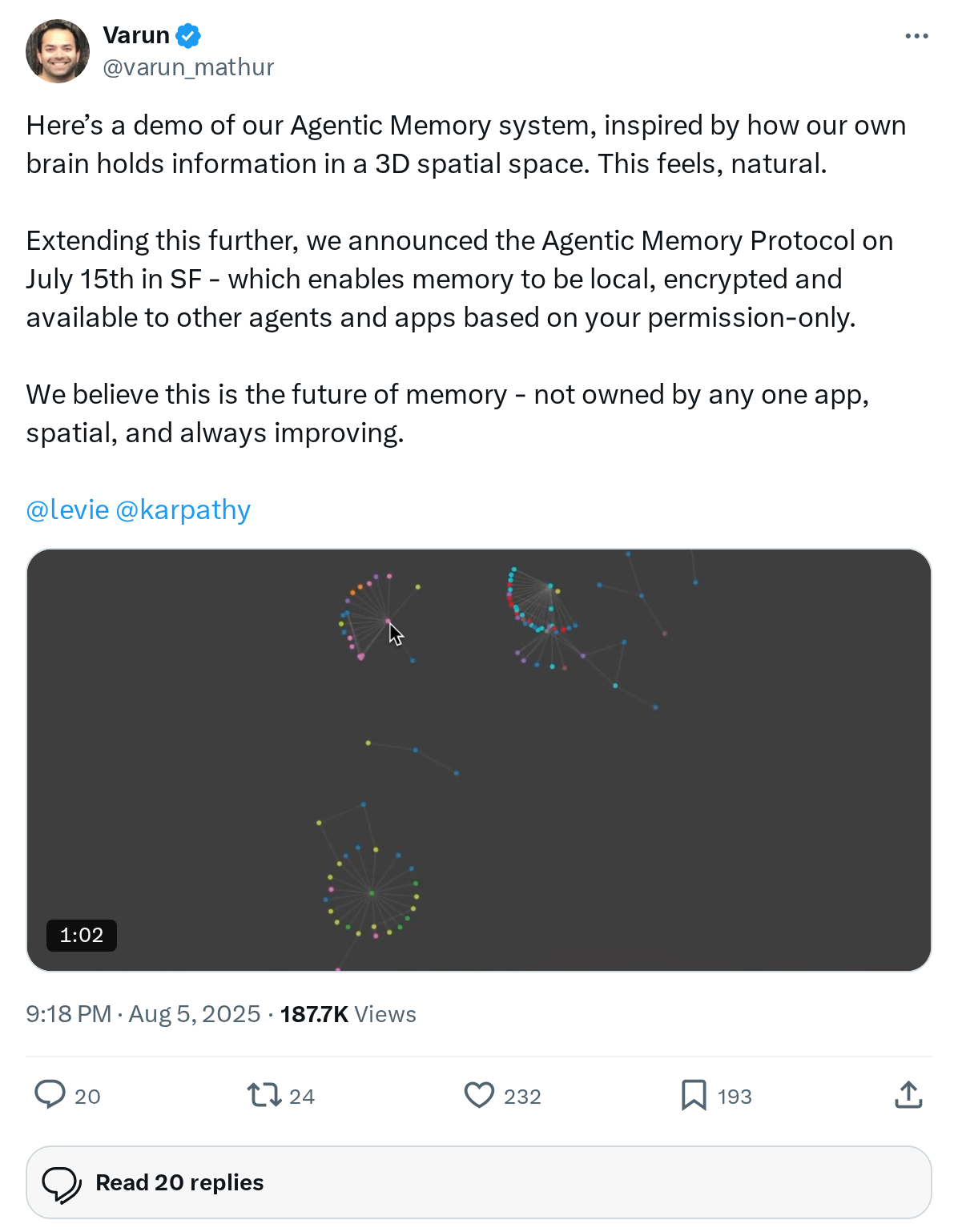 Here’s a demo of our Agentic Memory system, inspired by how our own brain holds information in a 3D spatial space. This feels, natural.
Ex