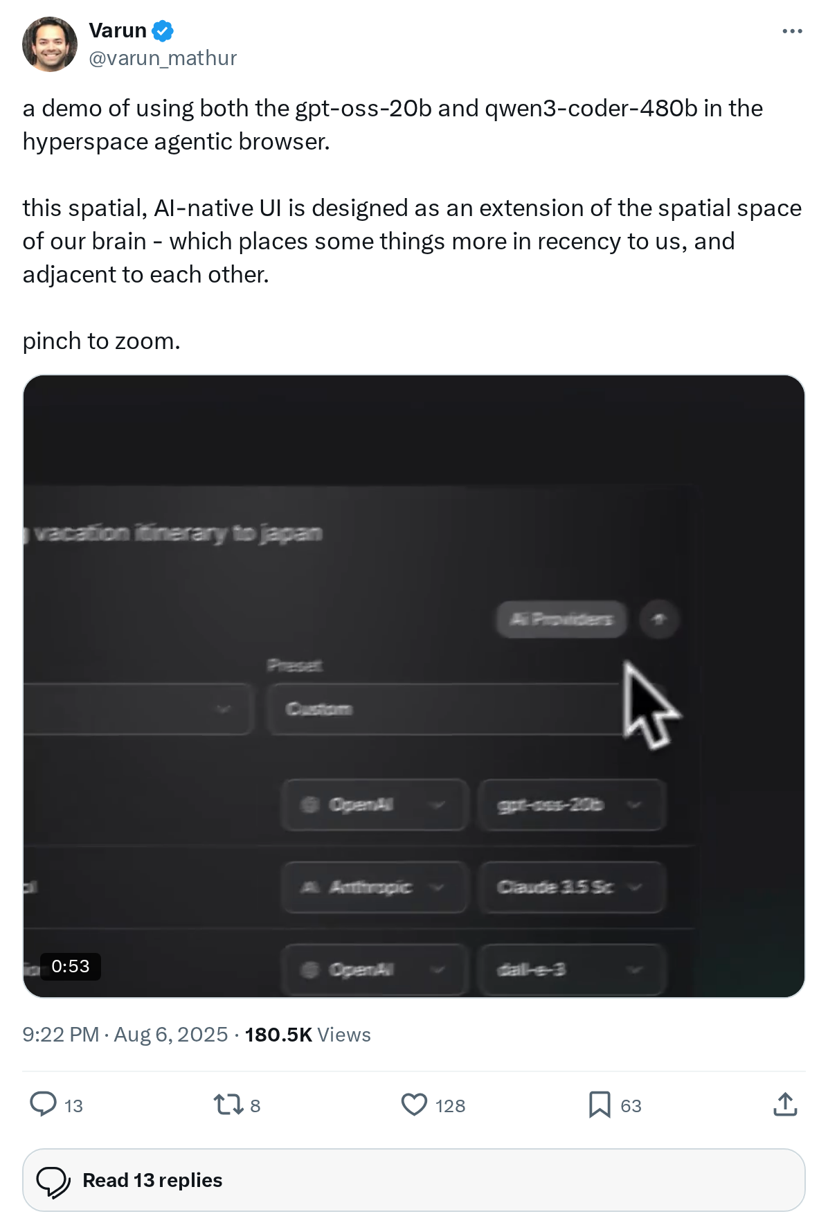 a demo of using both the gpt-oss-20b and qwen3-coder-480b in the hyperspace agentic browser.
this spatial, AI-native UI is designed as an