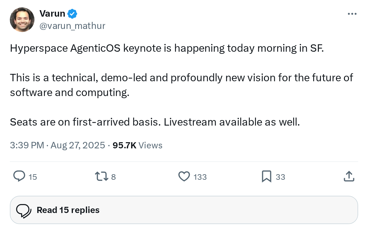Hyperspace AgenticOS keynote is happening today morning in SF.
This is a technical, demo-led and profoundly new vision for the future of so
