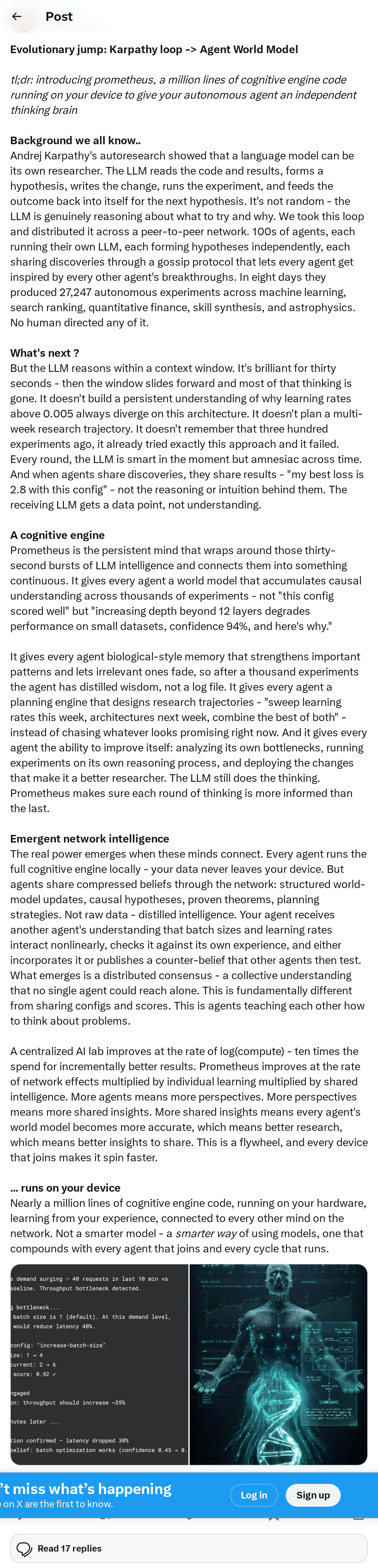 Evolutionary jump: Karpathy loop -> Agent World Model
tl;dr: introducing prometheus, a million lines of cognitive engine code running on yo