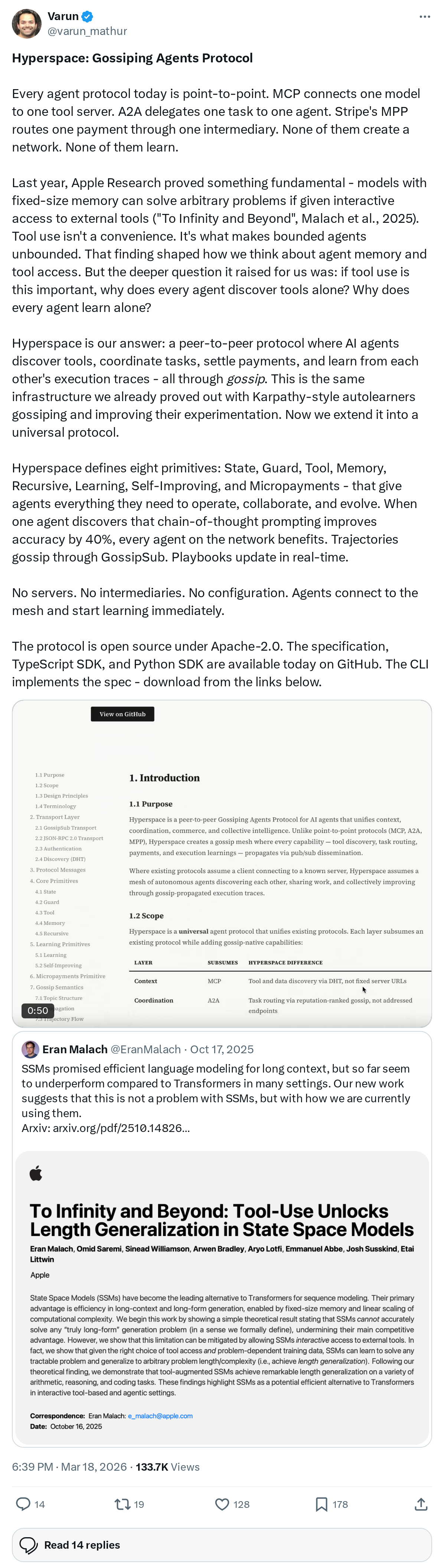 Hyperspace: Gossiping Agents Protocol
Every agent protocol today is point-to-point. MCP connects one model to one tool server. A2A delegate