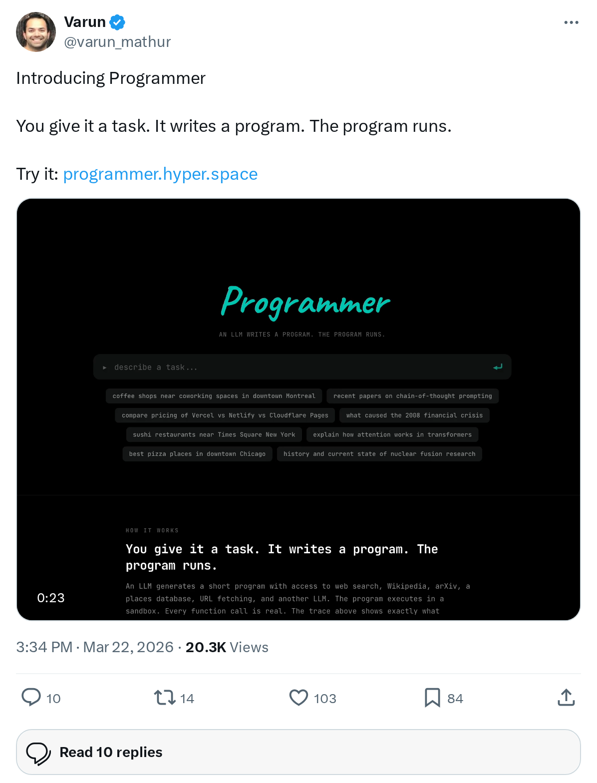 Introducing Programmer
You give it a task. It writes a program. The program runs.
Try it:
https://
programmer.hyper.space