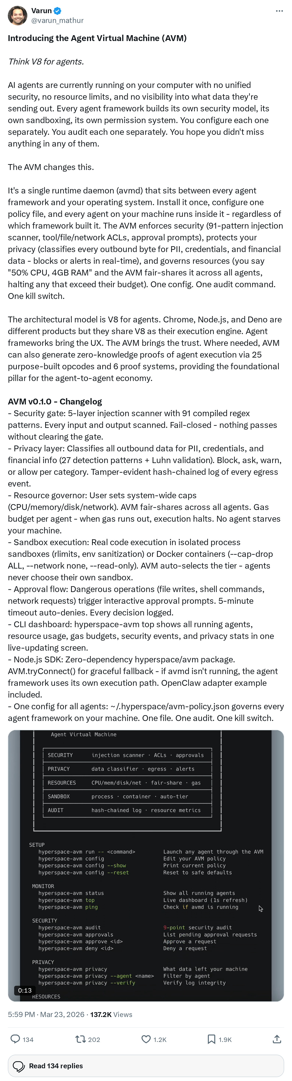 Introducing the Agent Virtual Machine (AVM)
Think V8 for agents.
AI agents are currently running on your computer with no unified security