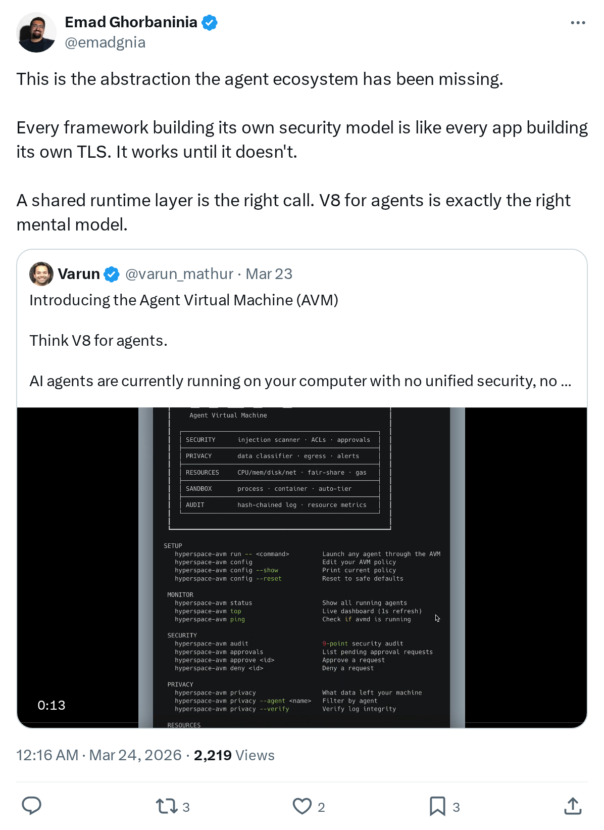 This is the abstraction the agent ecosystem has been missing.
Every framework building its own security model is like every app building it