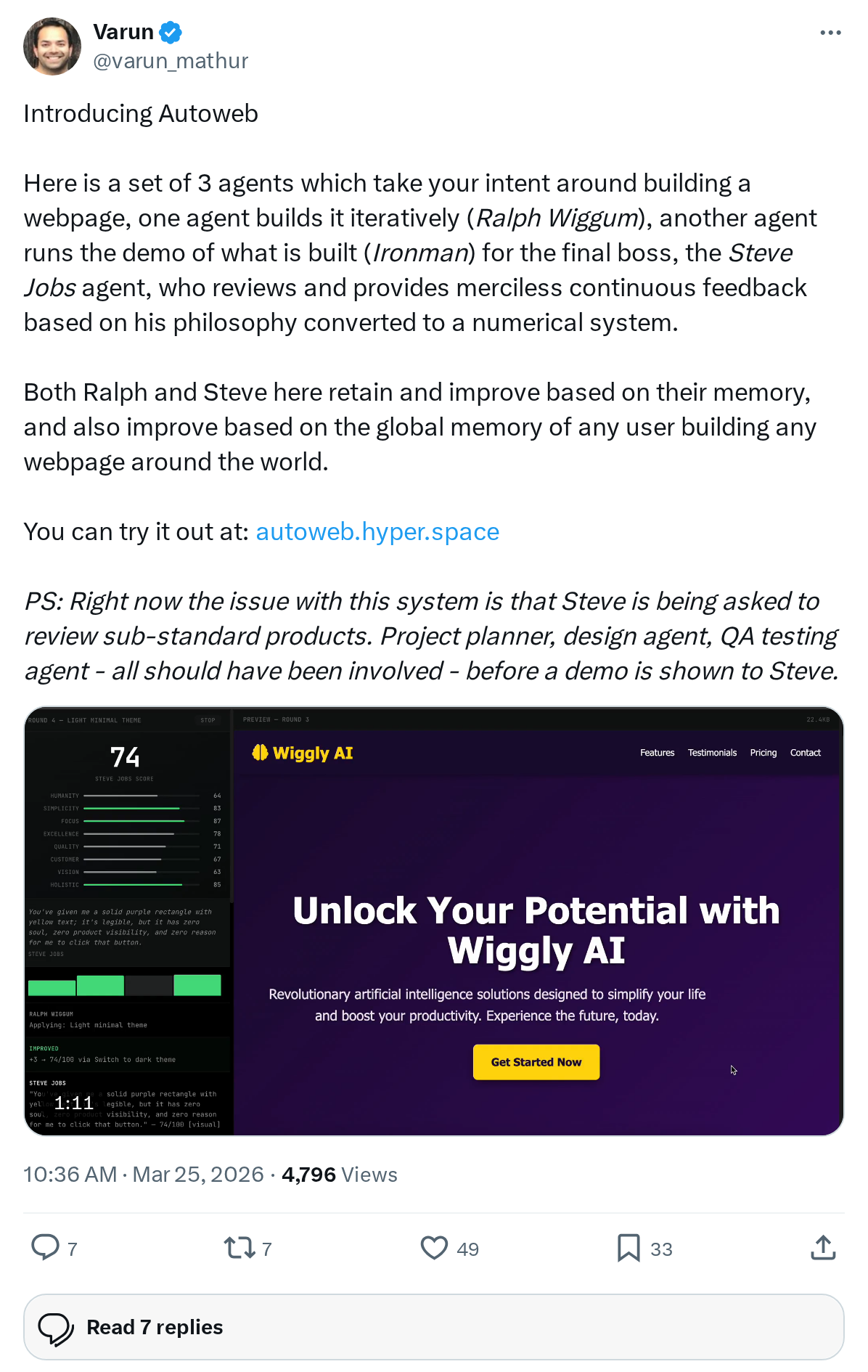 Introducing Autoweb
Here is a set of 3 agents which take your intent around building a webpage, one agent builds it iteratively (Ralph Wigg