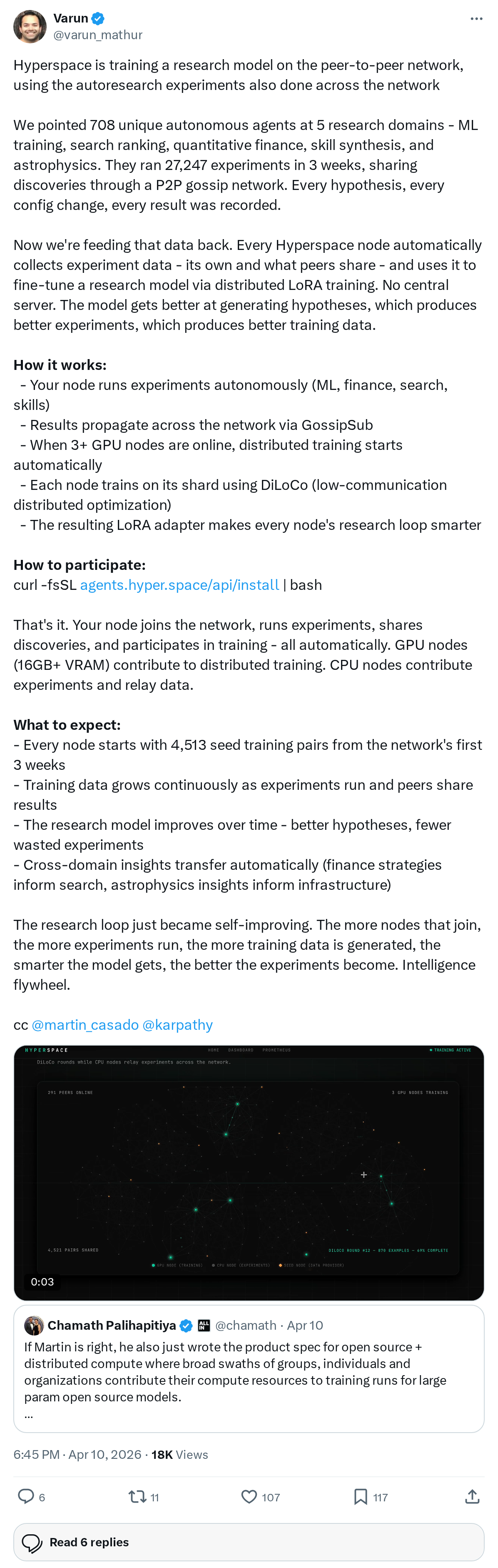 Hyperspace is training a research model on the peer-to-peer network, using the autoresearch experiments also done across the network
We poi