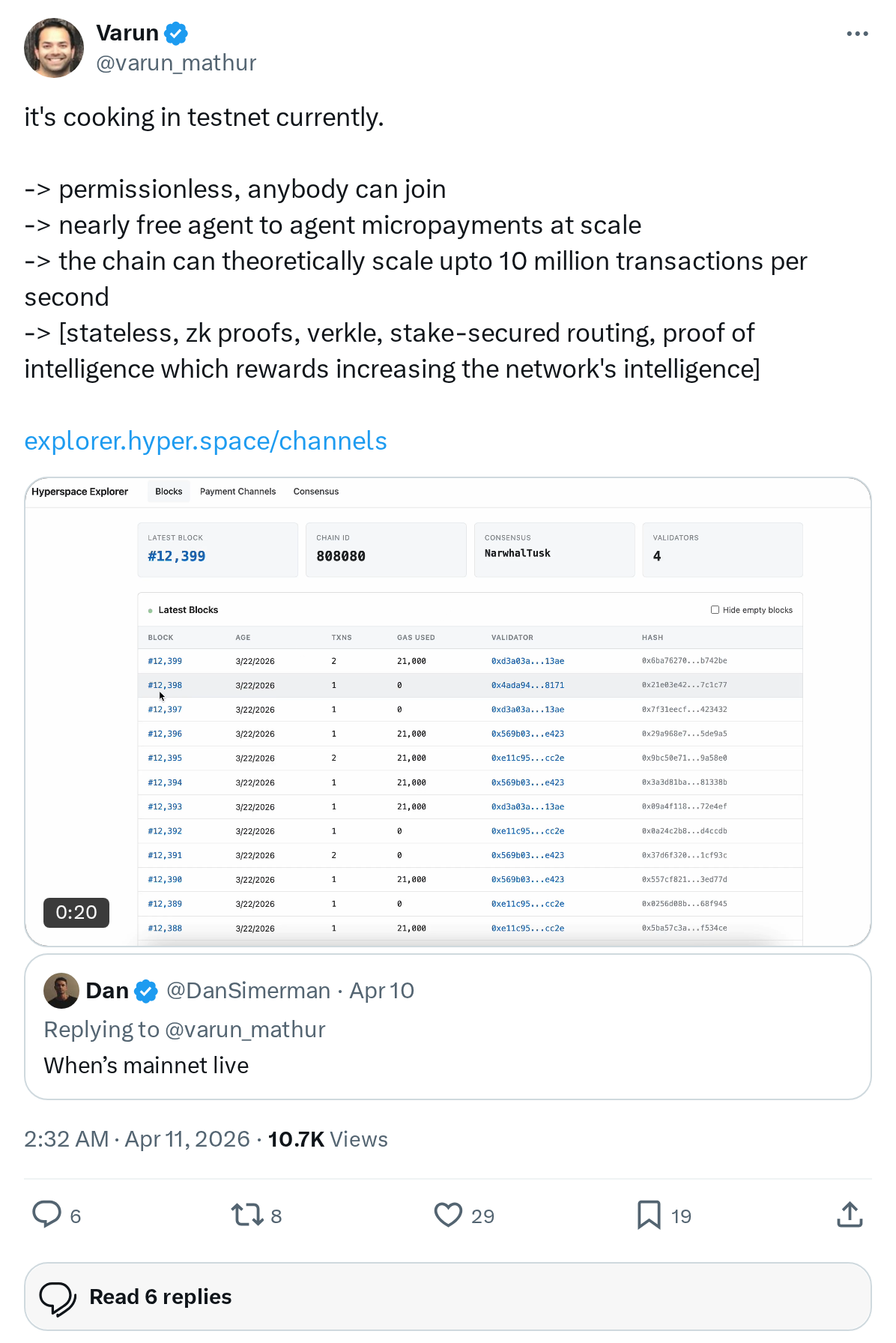 it's cooking in testnet currently.
-> permissionless, anybody can join
-> nearly free agent to agent micropayments at scale
-> the chain c